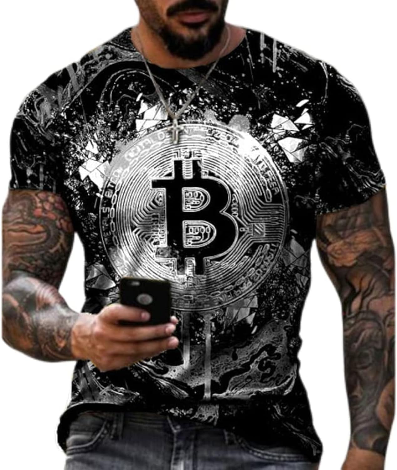 2023 New Cotton T-Shirt Bitcoin 4D Digital Printing Garden Men's Street Loose Sweatshirt T-Shirt