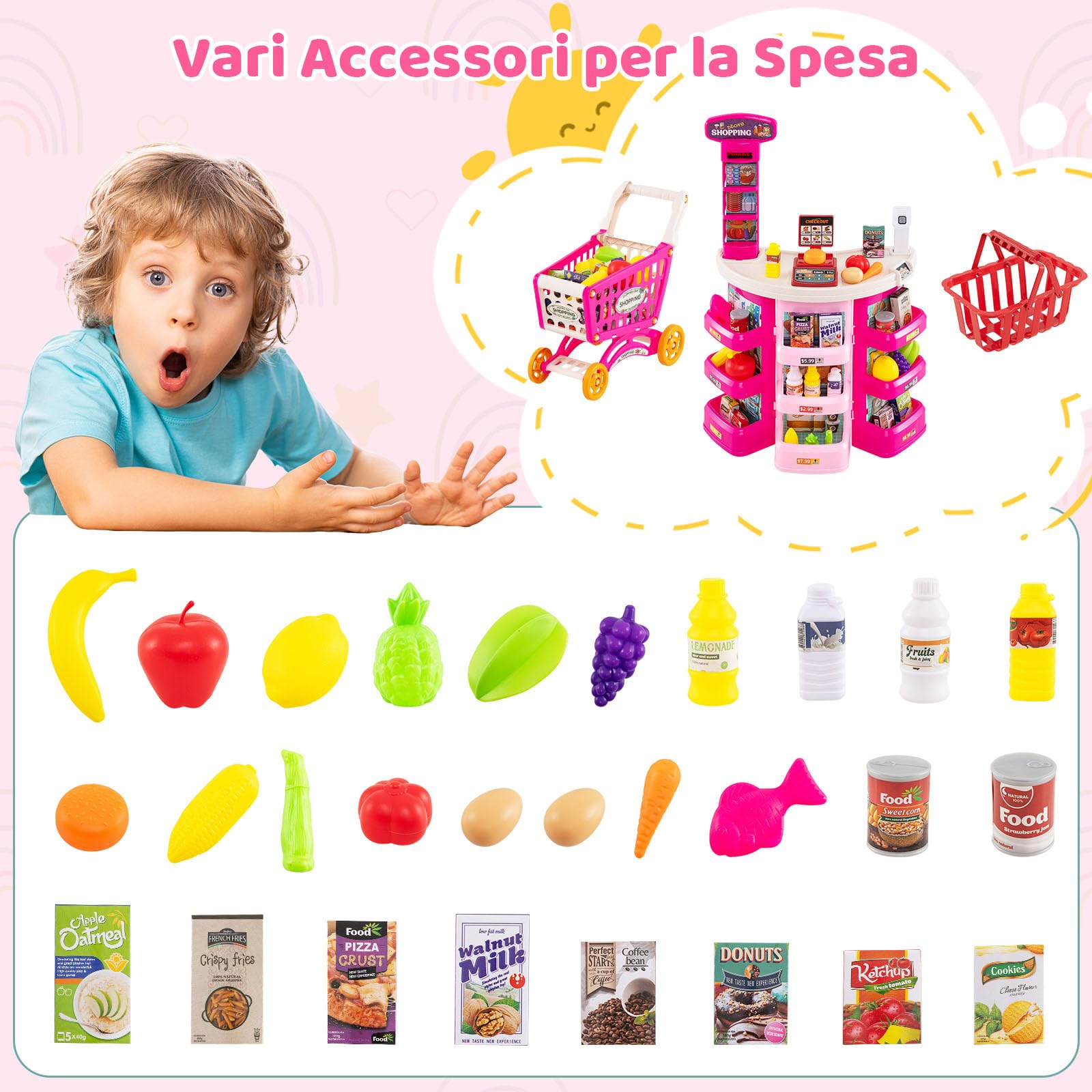 RELAX4LIFE Supermercato per Bambini con Banco, Carrello della spesa e Cestino, Bilancia Simulata, Cassa con Effetti di Luce e Suono, Supermercato Giocattolo con 29 Accessori per Bambini 3+ Anni (ROSA)