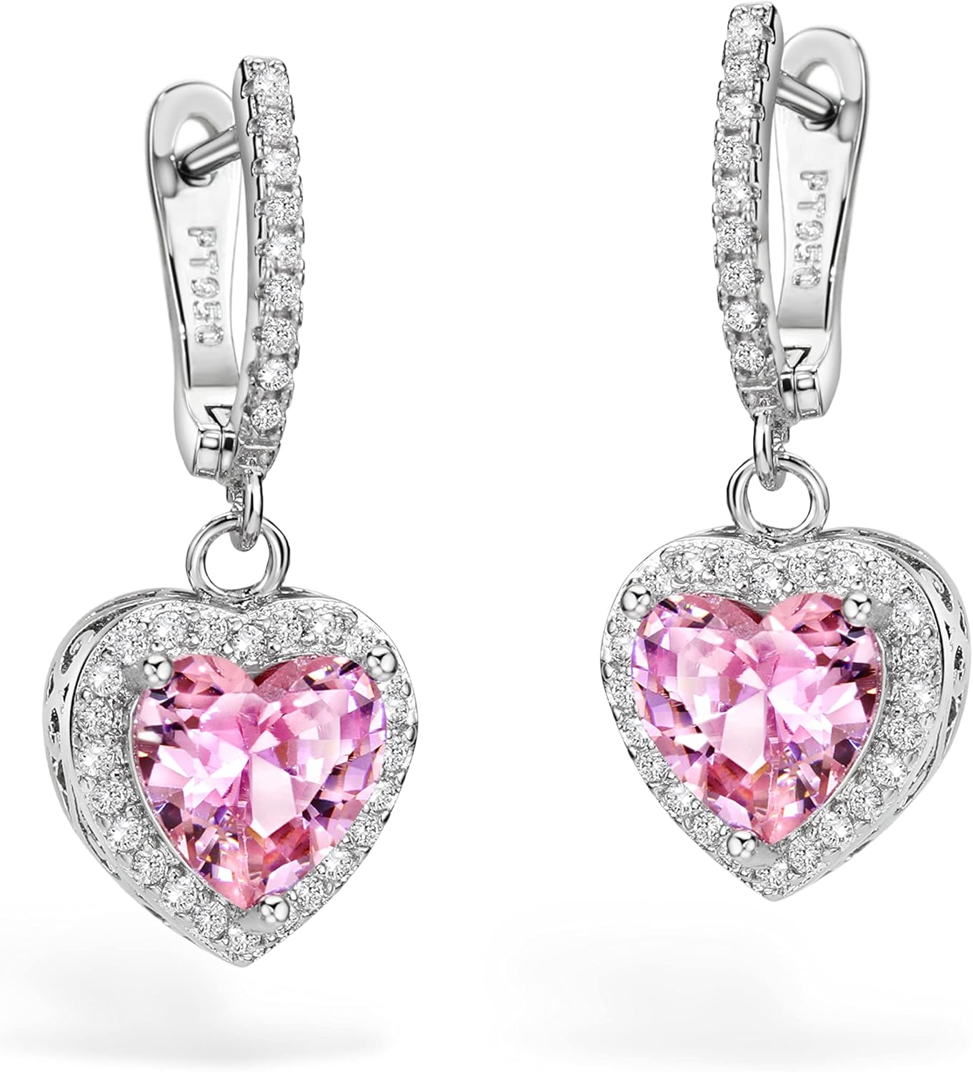 Pink Heart Dangle Earrings Cubic Zirconia Halo Heart Drop Earrings for Women