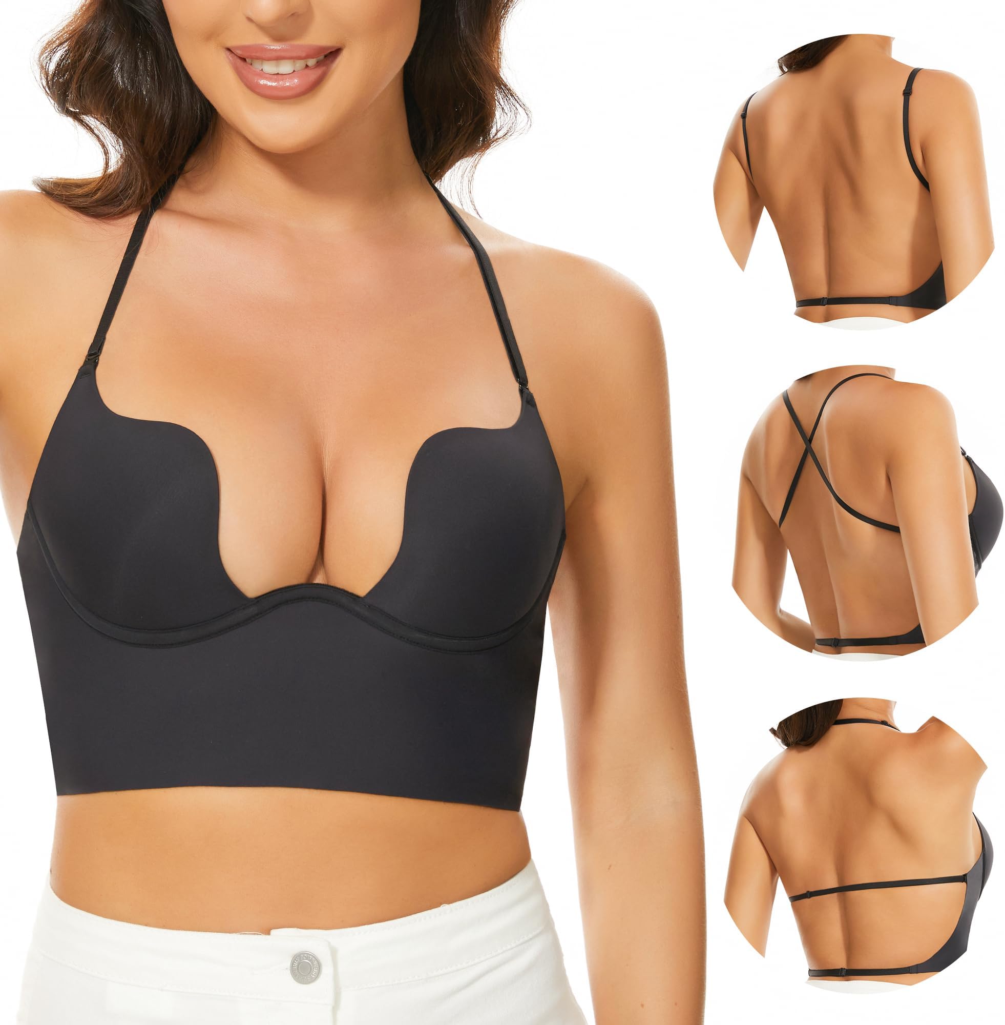 Low Back Bras for Women-Seamless Backless Bra Deep U Plunge Invisible Low Cut Bras Multiway Convertible Straps Halter Bra
