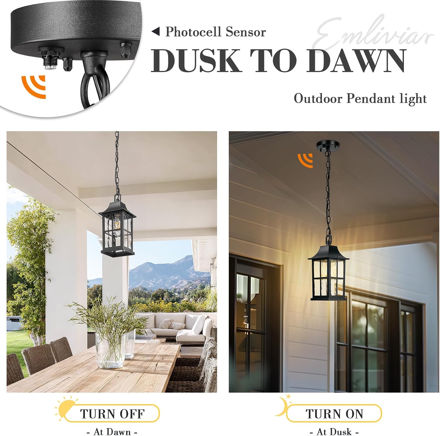 Emliviar Modern Outdoor Hanging Lantern with Dusk to Dawn Sensor, 10.6 Inch Pendant Lighting Fixture for Porch in Black Finish, Water Ripple Glass, YXE306H-PC BK-SW