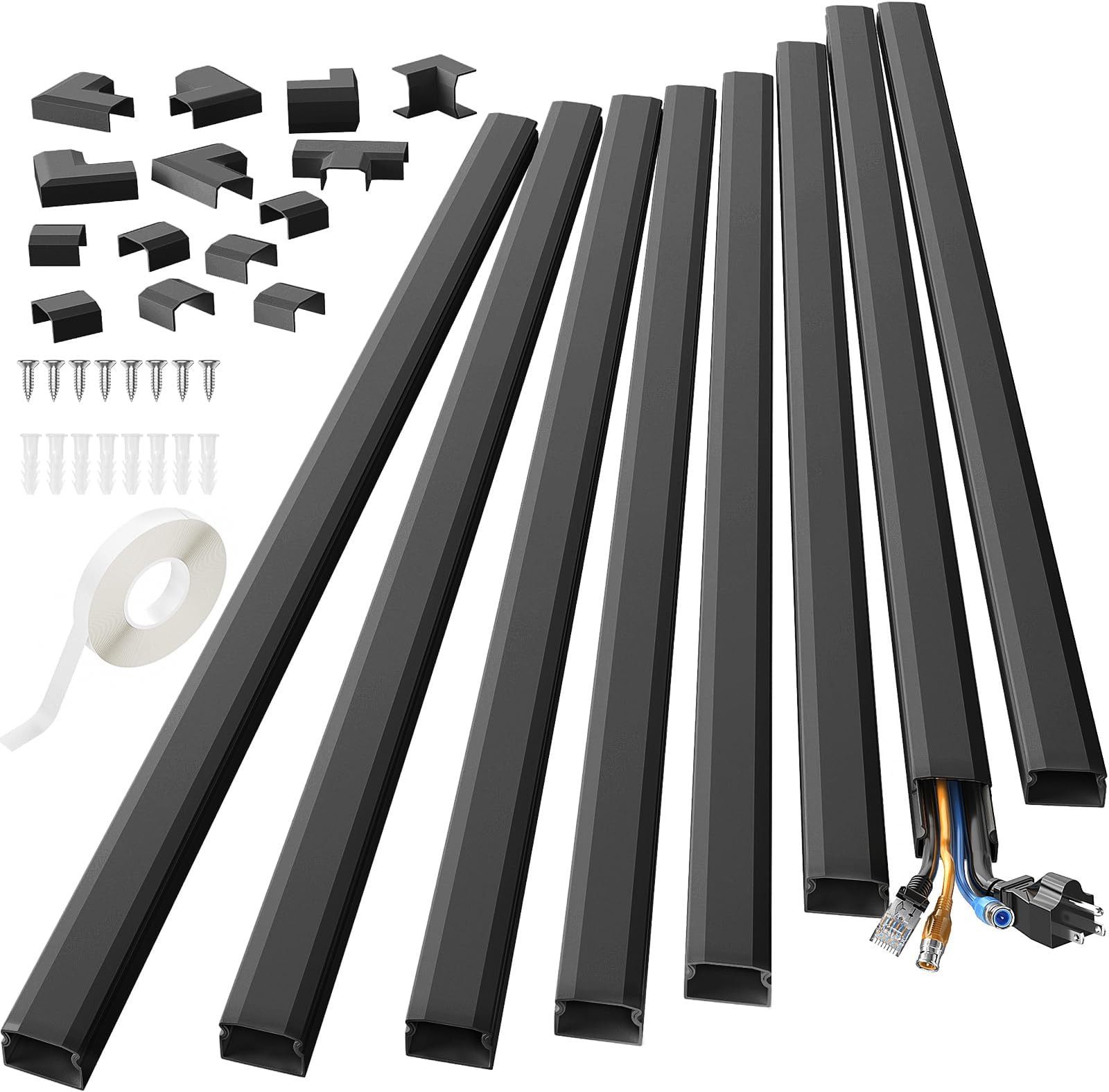 Yecaye Cable Concealer - Cord Covers Raceway Kit - 125in Wire Hider for Wall Mount TV - CMC-02 Cable Management Channel Cables Runner for Home Office - 8X L15.7in, W1.18 H0.6in 125 Inches Black