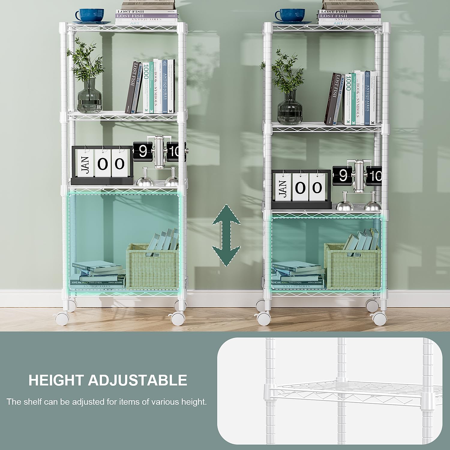 M MZG Estantería Metálica con Ruedas Bloqueables de 4 Niveles, Capacidad de Carga de 454 kg, Baldas Ajustables, para Garaje, Trastero, Lavandería y Cocina,Estudio, Blanco, 30 x 45 x 103,6 cm