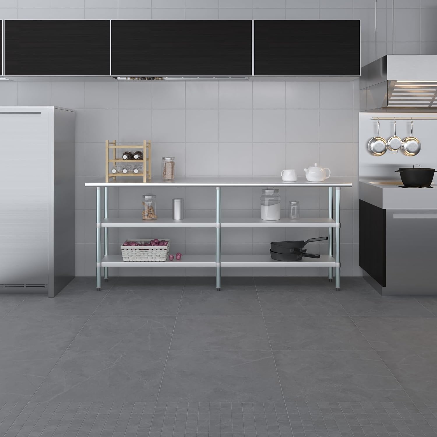 Stainless Steel Work Table with 2 Shelves | Metal Utility Table | Commercial & Residential NSF Utility (Stainless Steel Table with 2 Shelves, 84" Long x 18" Deep)