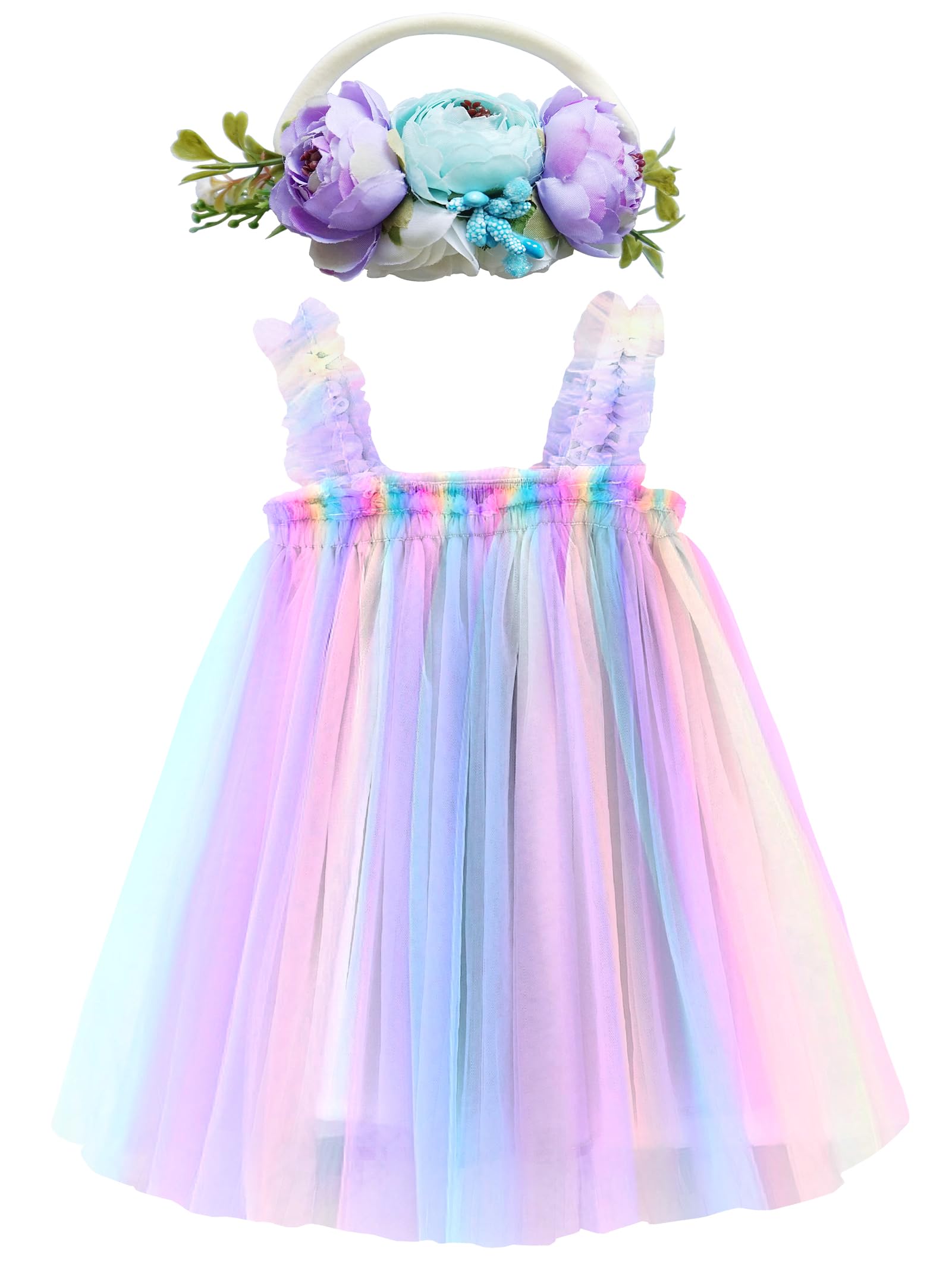 BGFKS Layered Tulle Tutu Dress for Toddler Girls,Baby Girl Rainbow Tutu Princess Skirt Set with Flower Headband.