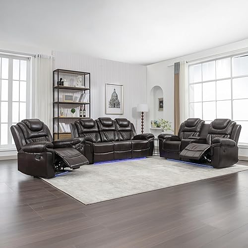 Juego de 3 muebles de sala de estar, juegos de sofás seccionales de cuero reclinables, asientos de cine en casa, sofá reclinable manual con consola