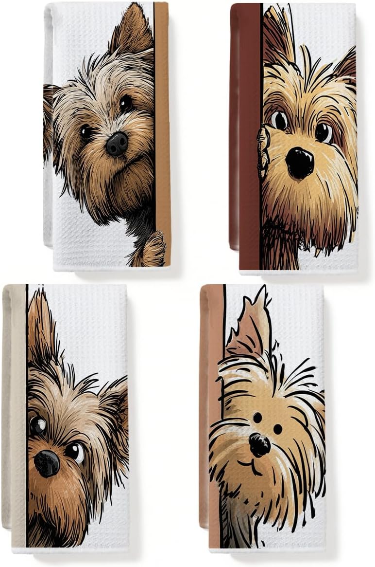 JIUWEIHU 4 Pcs Funny Dog Kitchen Towels, Cute Dogs Gifts Hand Tea Towels for Kitchen Bathroom Home Decor, Dogs Waffle Weave Absorbent Dish Towel, Dog Lover Gifts for Women Mom Friend 14x24 Inches