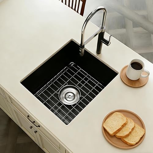 Miniatura 2 de Fregadero de barra negro de montaje inferior, fregadero pequeño de barra compuesto de 15 x 17 pulgadas, fregaderos de cocina y barra de granito