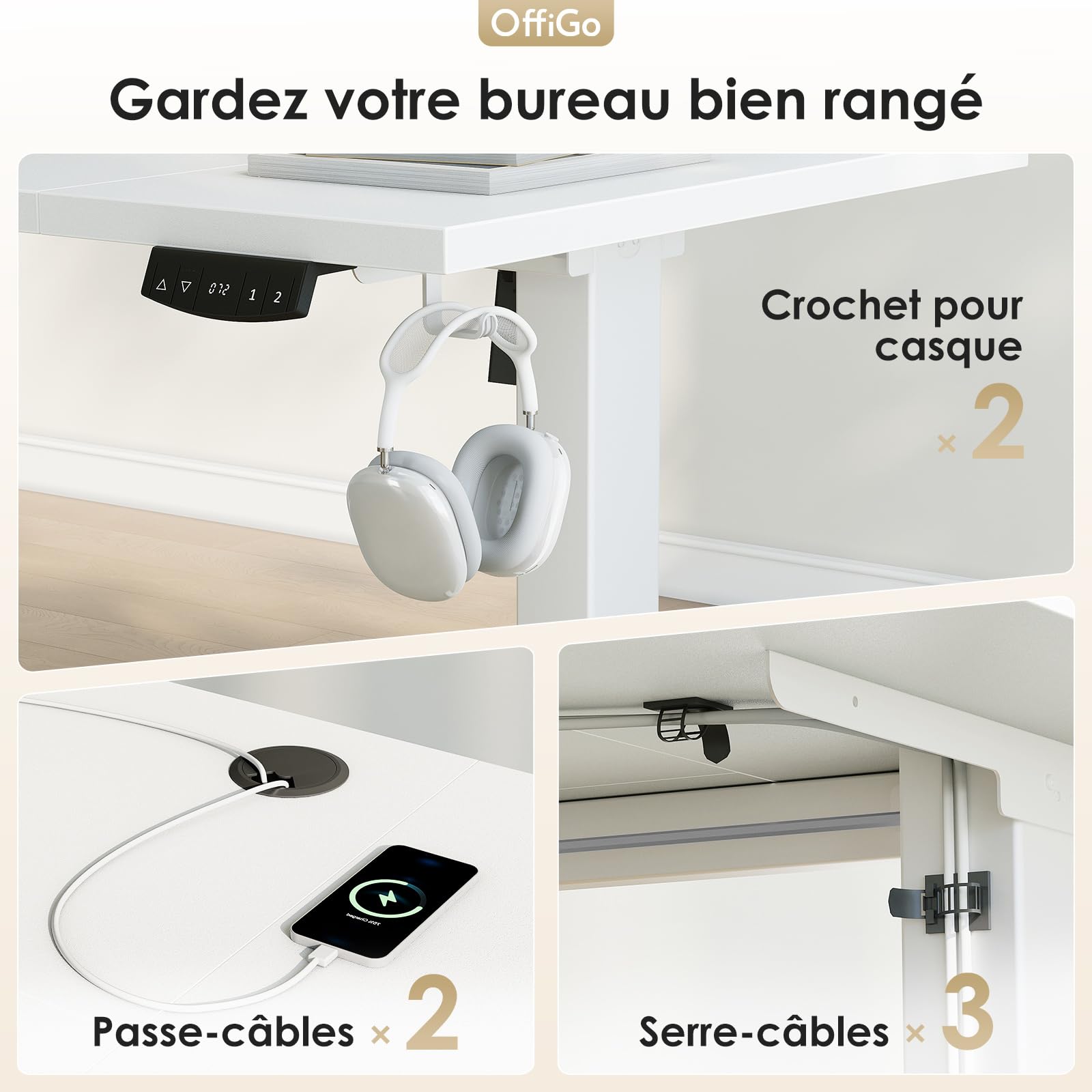 OffiGo Bureau Assis Debout électrique 140cm, Table Ergonomique avec 3 Fonctions Mémoire, Standing Desk Blanc