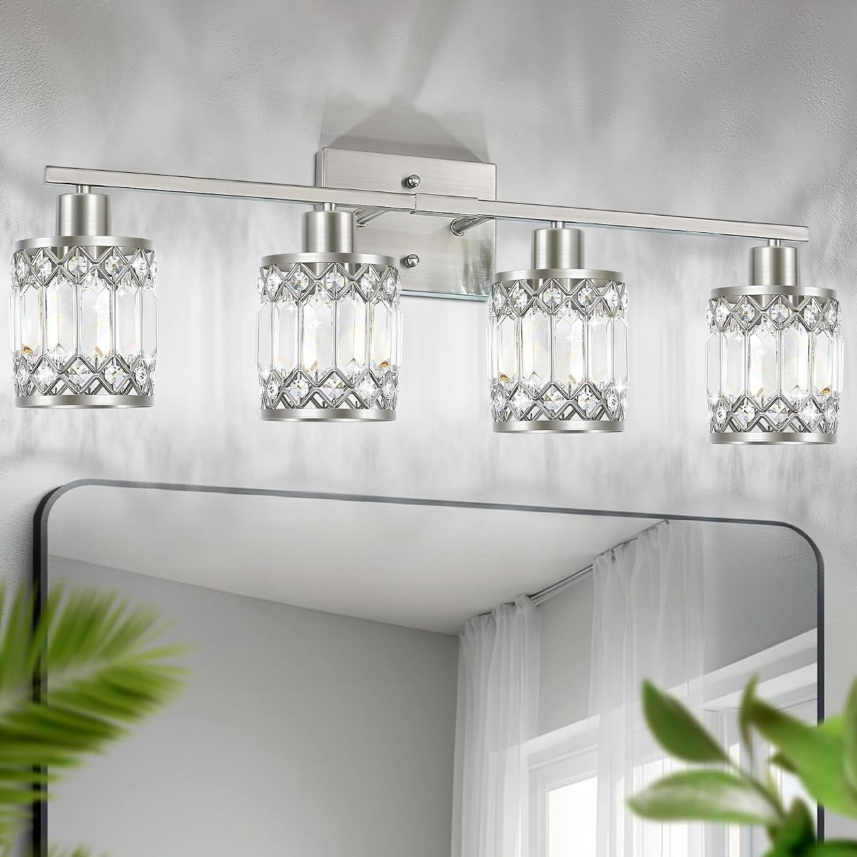 JZEKVN Crystal Modern Bathroom Light Fixtures, 4-Light Brushed Nickel Bathroom