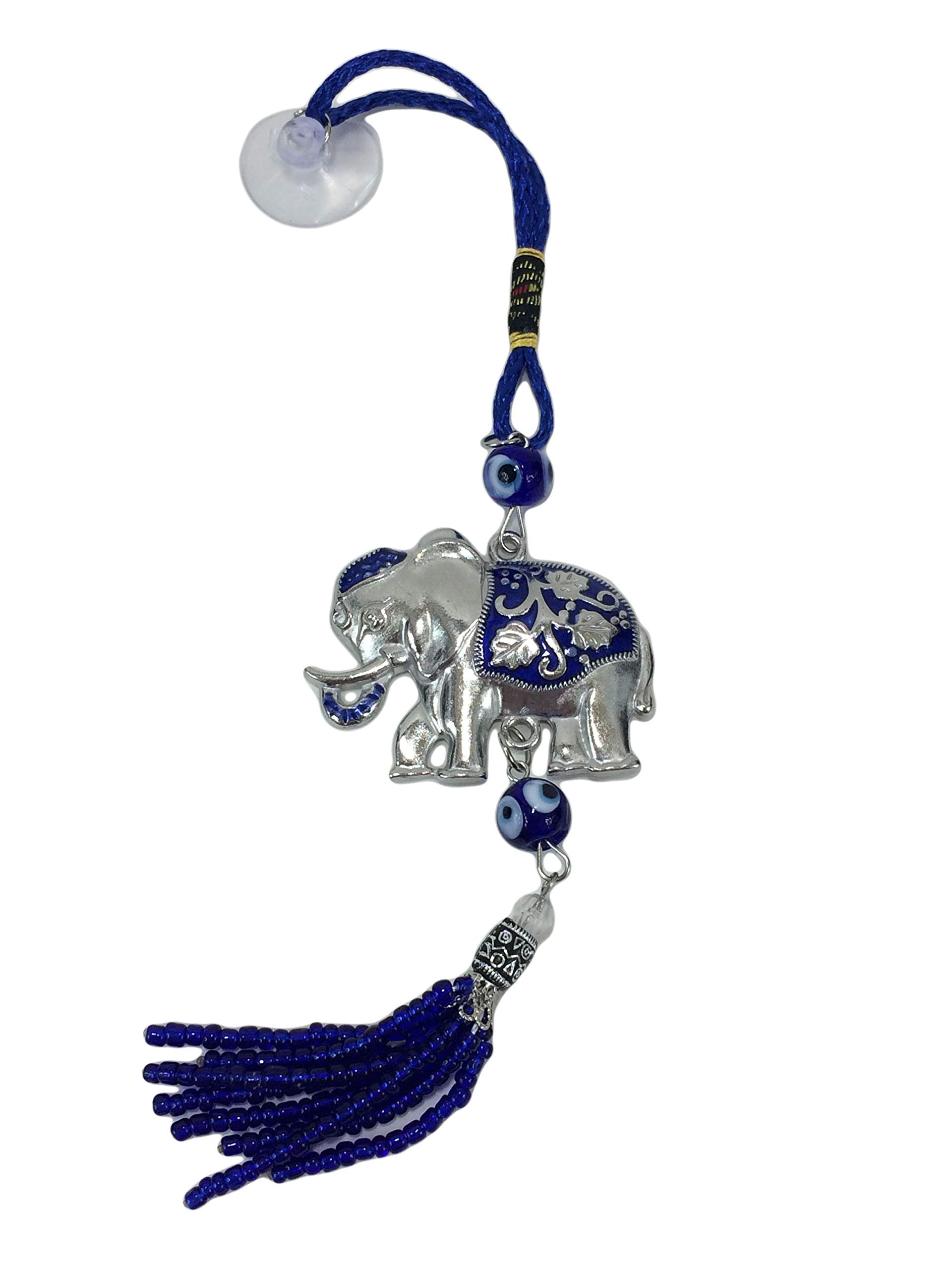 Blue Evil Eye Lucky Elephant with Blue Scrollwork Lucky Amulet Charm Car Ornament