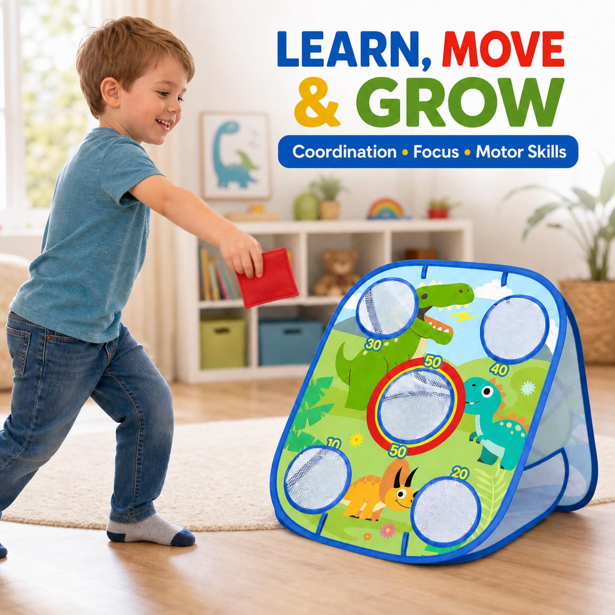 Gioco di lancio 6 in 1 a sacco di dinosauro - Giocattoli all'aperto per bambini 1-3, alfabeto ABC e apprendimento matematico - Gioco per feste in giardino per