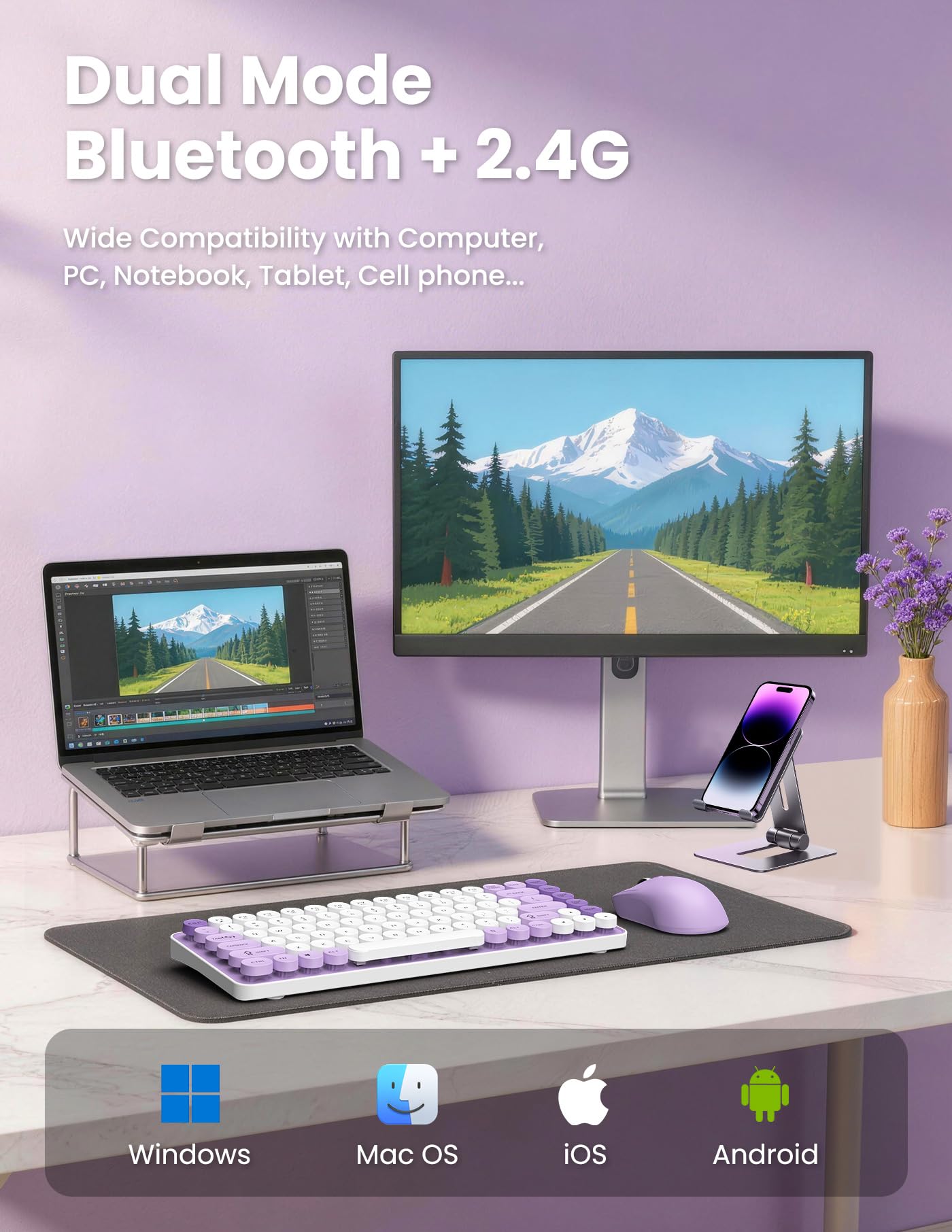 SOPPY Tastiera wireless e mouse combinata, tasti rotondi, tastiera retrò a 85 tasti, modalità Bluetooth/2,4 GHz, compatta ed ergonomica, compatibile con PC/desktop/laptop/Windows, layout USA, viola