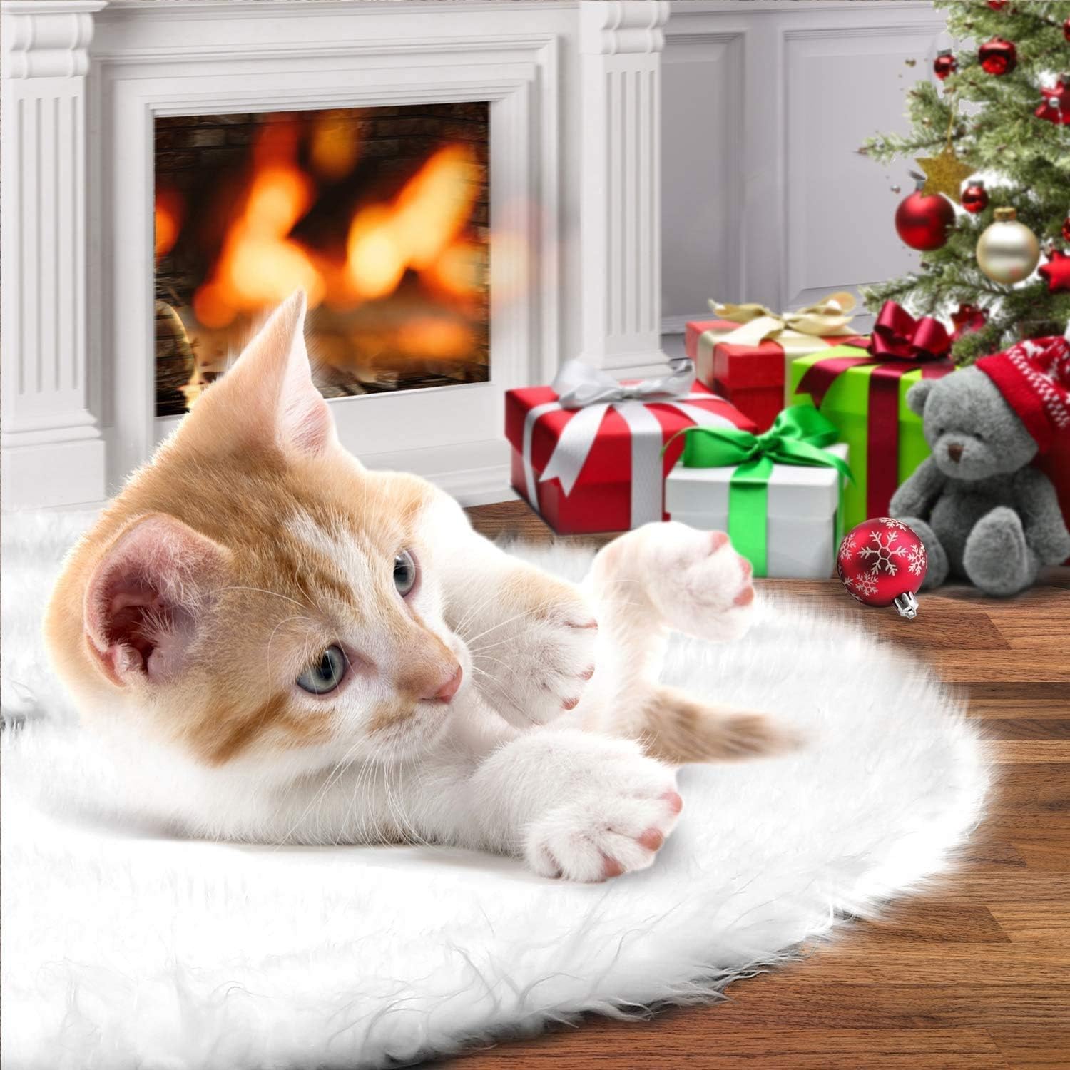 Christmas Tree Skirt, Ohuhu 48" White Faux Fur Snowny Tree Skirts Christmas Decorations Plush Mat for Home Holiday Party Xmas Trees Ornaments Decor