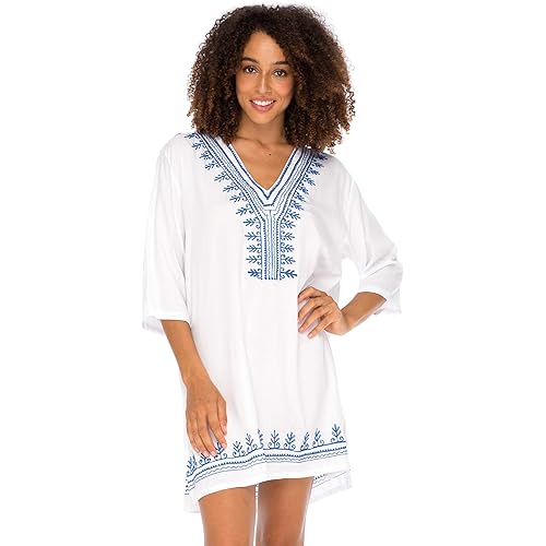 Back From Bali Womens Boho Embroidered Swimsuit Cover Up Loose Fit Casual Tunic Top Dress Resort Wear