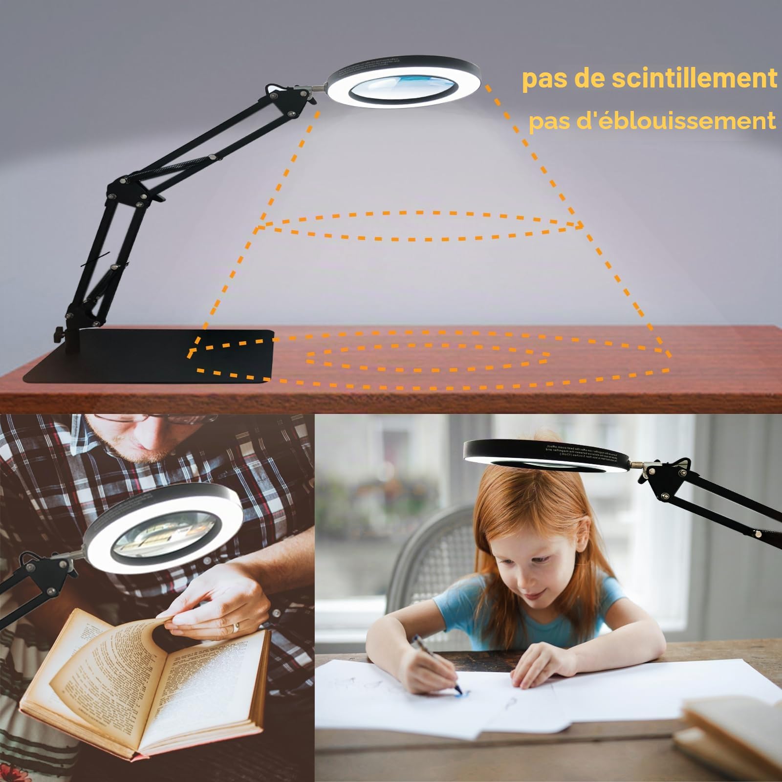 ELITUN Loupe avec lumière, 10 lampes loupes LED, lampe de travail avec pince et base, 5 modes de couleur, 10 niveaux d'intensité variable, lampe de table pour le bricolage, la lecture