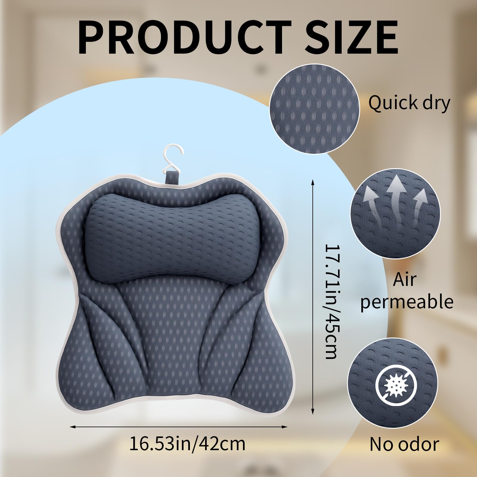 Almohada de Bañera, Cojín de Baño Confortable para Cabeza, Cuello, Espalda y Hombros, 4D Air-Mesh con 6 Ventosas, Accesorio SPA en Casa, Adaptable a Todas Las Bañeras