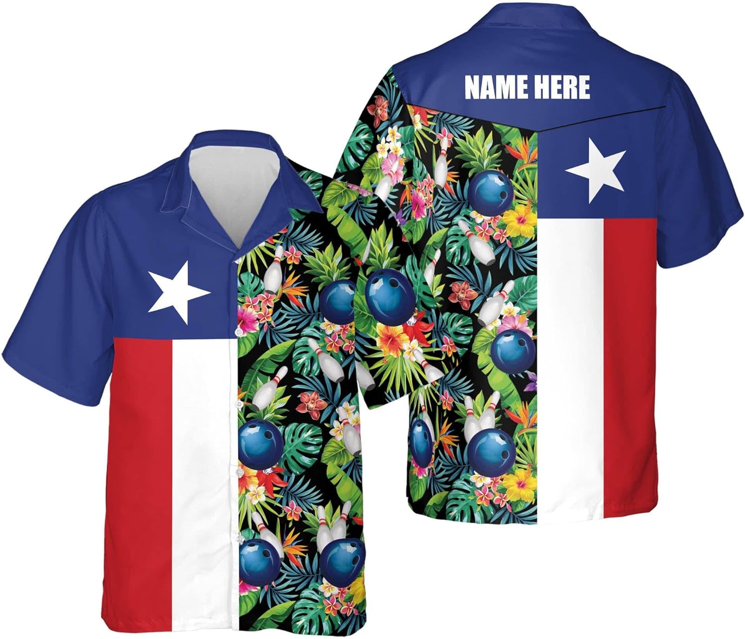 Customize Hawaiian Bowlers Shirt with Flame Bowlers Balls Pins Black Blue Bowler Shirts, Custom Bowling Shirts