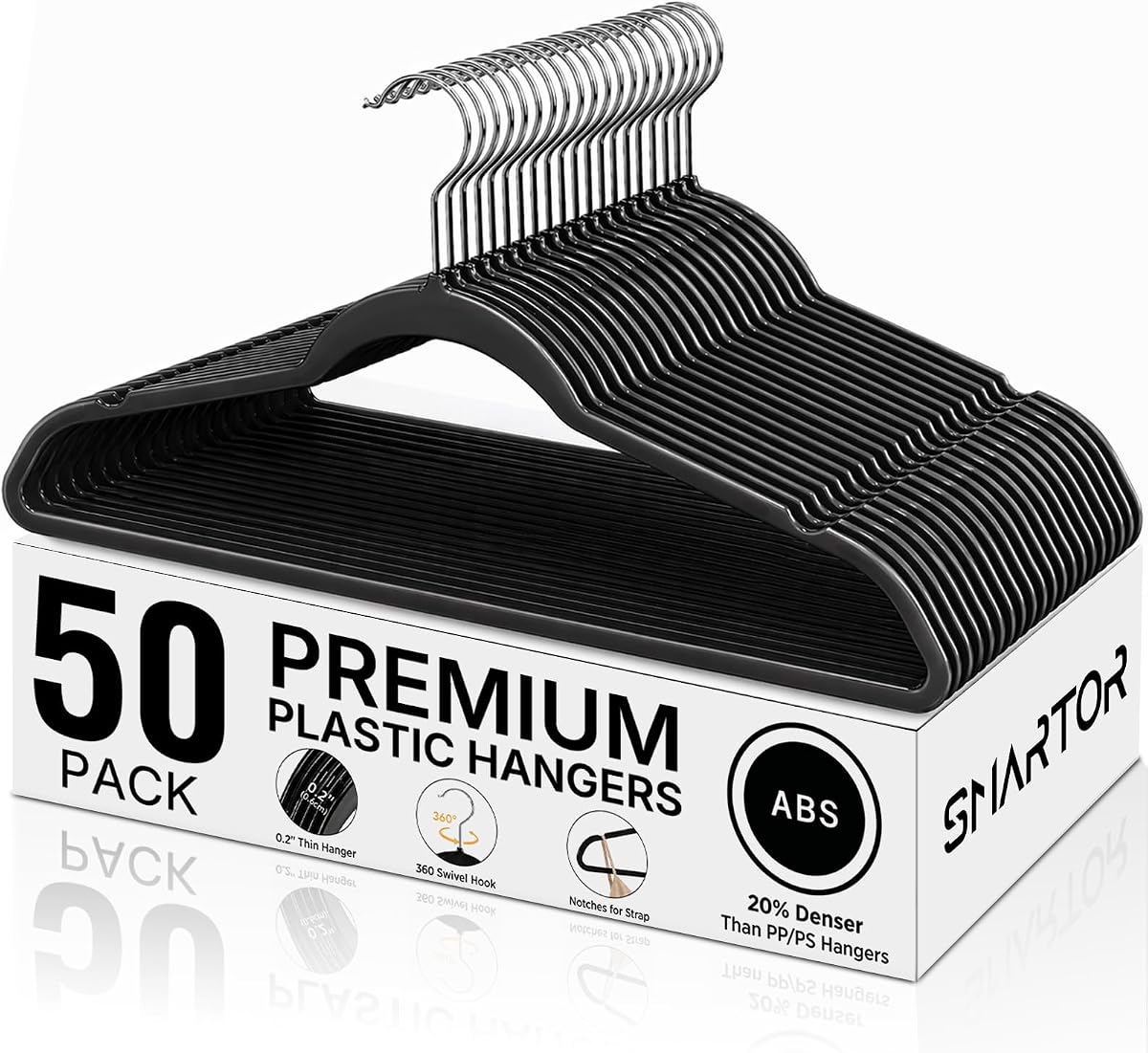 SMARTOR Plastic Hangers 50 Pack, Heavy Duty Plastic Hangers for Clothes | Non-velvet Slim Hangers with 360° Swivel Hook & Clothes Thin Hanger - Durable Coat Hangars, Space Saving Hanger - Black