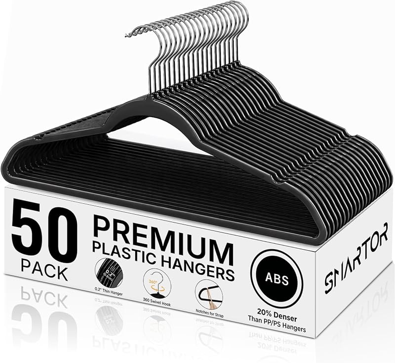 SMARTOR Plastic Hangers 50 Pack, Heavy Duty Plastic Hangers for Clothes | Non-velvet Slim Hangers with 360° Swivel Hook & Clothes Thin Hanger - Durable Coat Hangars, Space Saving Hanger - Black
