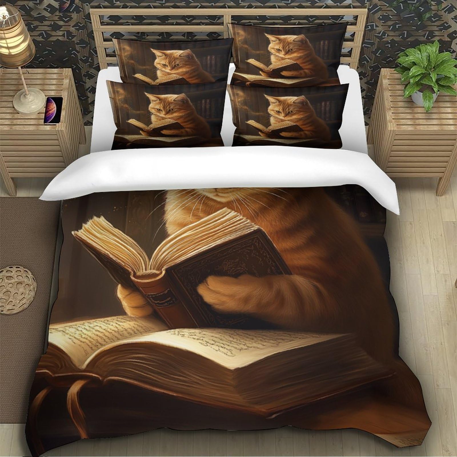 Leggere la fantasia dei gatti Impressione 3D 3 pz fodera per edredone Libresco felino capriccioso coperteletto microfibra ipoallergenica antiacari per bambini ragazze donne Double（200x200cm）