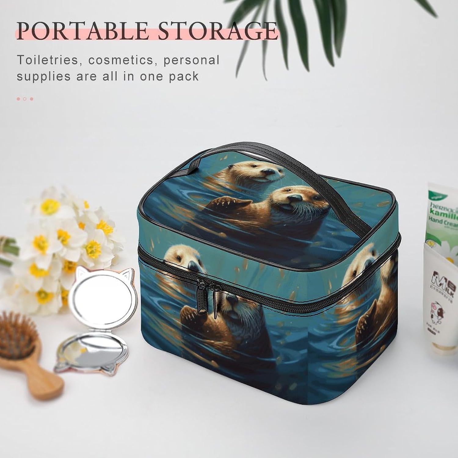 Makeup Bag Travel Cosmetic Bag for Women Sea Otters Painting Makeup Pouch for Purse Large Makeup Organizer Case Receiving Bag
