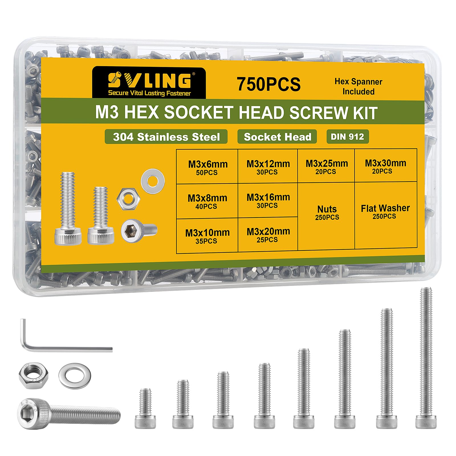 750PCS M3 Screws Assortment Kit, 304 Stainless Steel 18-8 Hex Socket Head Cap Screws Bolts Nuts and Washers Set, M3 x 6/8/10/12/16/20/25/30mm, for 3D Printer