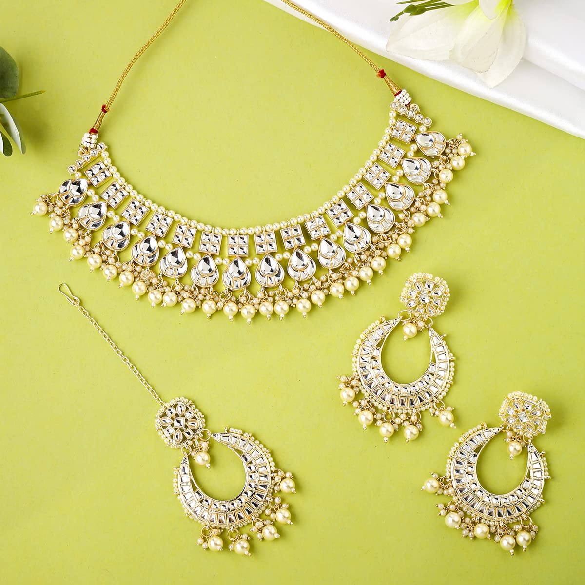 Yellow Chimes Ethnic Multilayer Pearl Beads Jewellery Set Traditional Choker Necklace Set for Women and Girls… (Design 11)