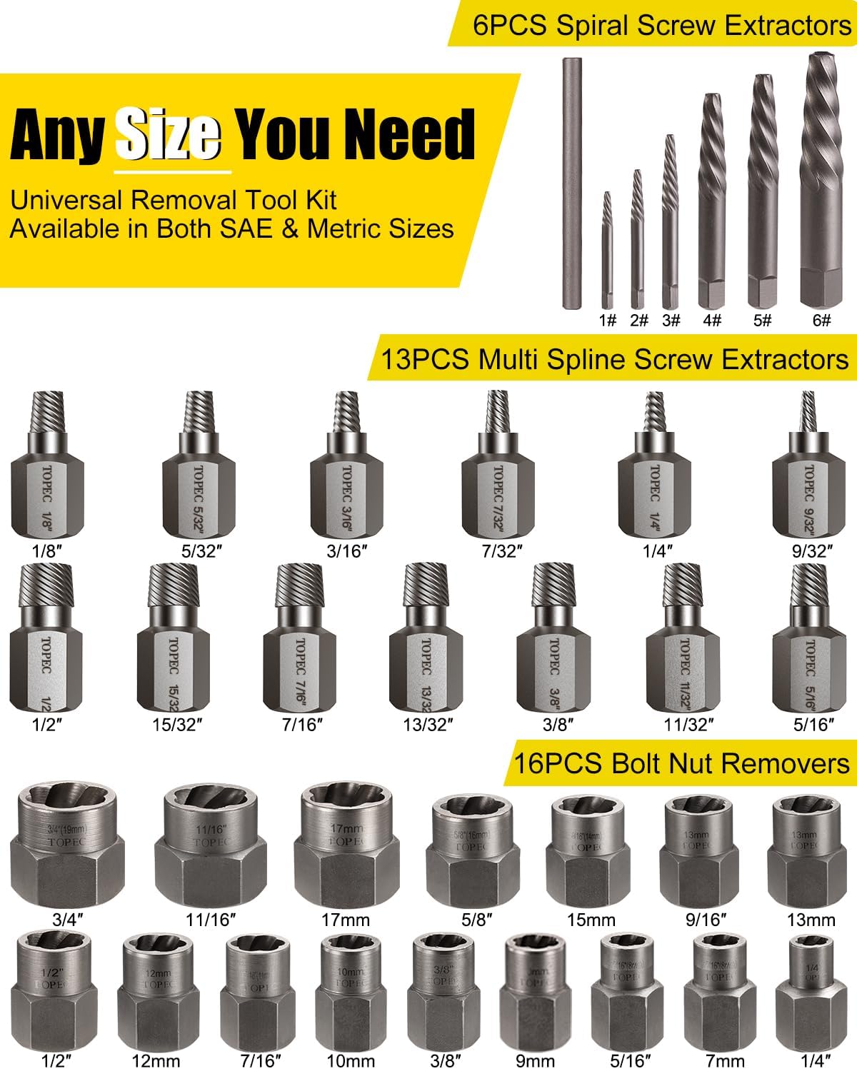 Topec 36Pcs Screw & Bolt Extractor Kit, 3-in-1 Easy Out Screw Extractor Set, 3/8" Drive Broken Bolt Extractor Socket Set - Image 3
