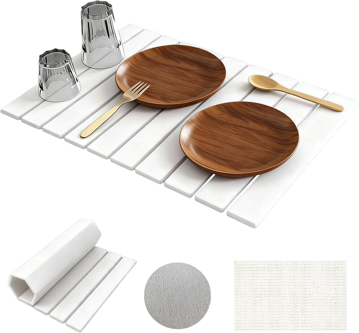 Large Stone Drying Mat for Kitchen Counter, 24"×16", Foldable Super Absorbent Stone Dish Drying Mat for Tableware, Bottles and Cups, Non Slip Diatomaceous drying matt kitchen counter (White)