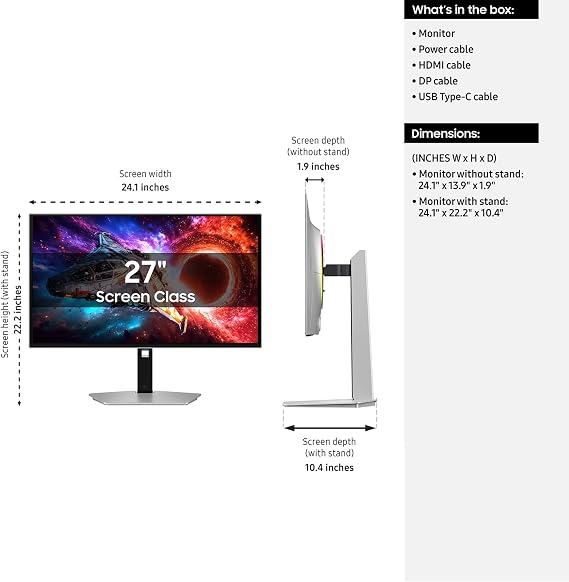 Samsung 27 Odyssey OLED G8 (G80SH) Gaming Monitor - QD-OLED, 4K Resolution, 240Hz, USB-C 96W, DP 2.1, 0.03ms, Glare Free, HAS/Tilt/Swivel/Pivot, OLED Safeguard+, LS27HG802SNXZA