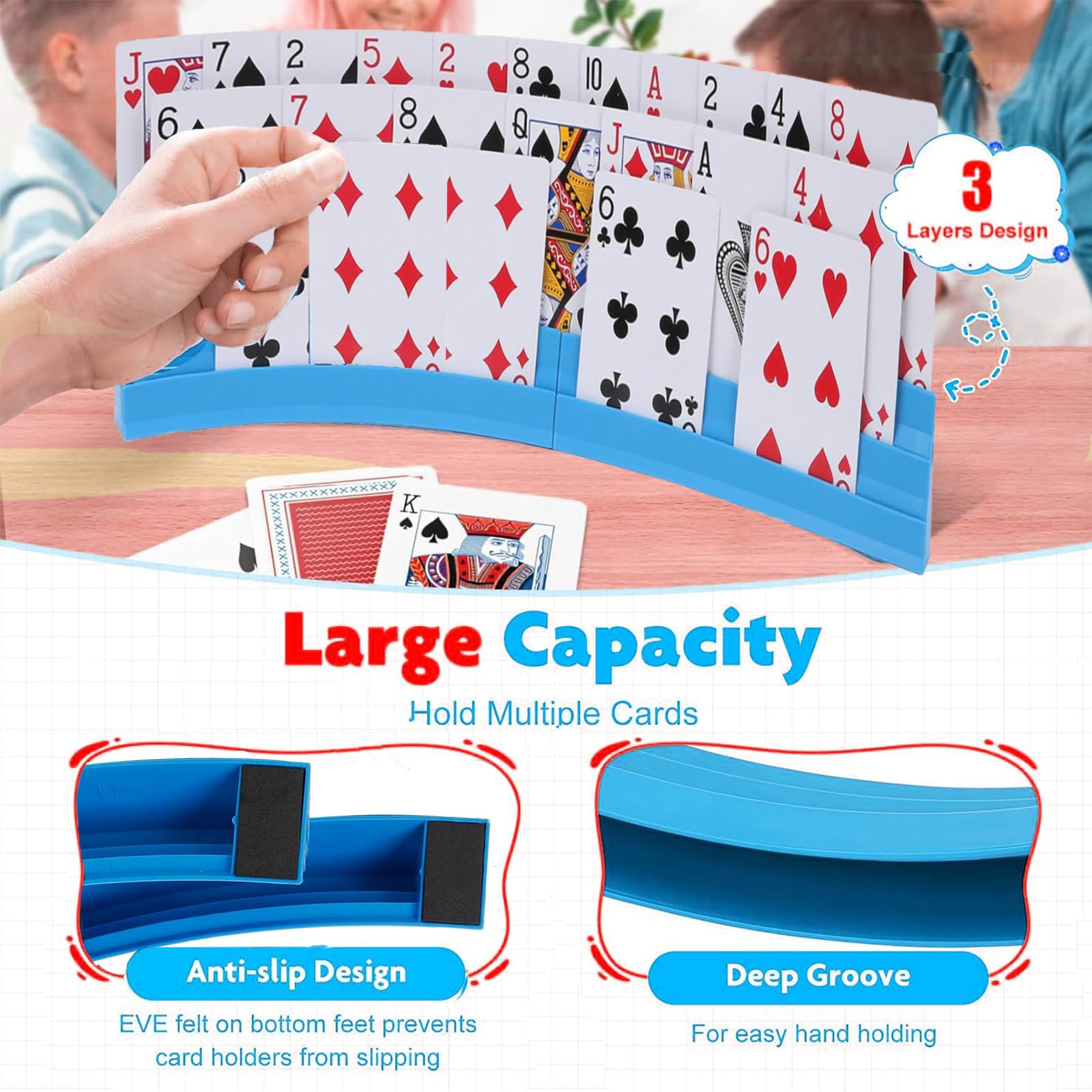 4 Porta Supporto di Carte da Gioco a Mani Libere, 3 Strato con Magnetico Porta Carte da Gioco per poker/UNO, Canasta, per Anziani Ddulti e Bambini