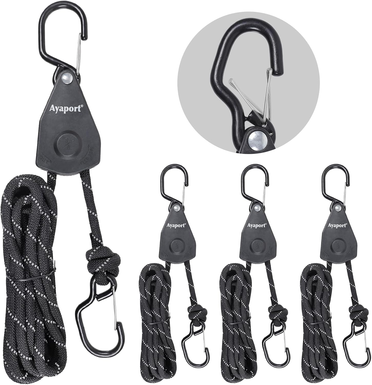 Ayaport Adjustable Rope Hanger Kayak Rope tie Downs Ratchet with Safety Lock S Hook Pulley Rope Hanger Tarp Tent Tie Downs