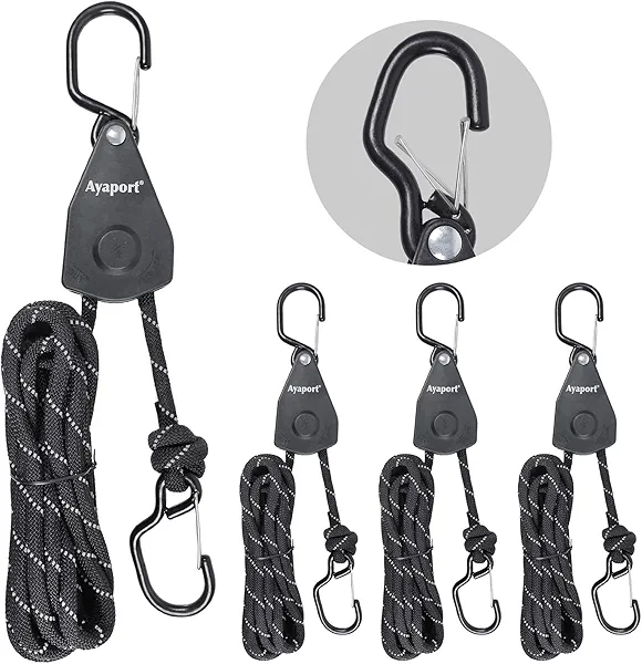 Ayaport Adjustable Rope Hanger Kayak Rope tie Downs Ratchet with Safety Lock S Hook Pulley Rope Hanger Tarp Tent Tie Downs