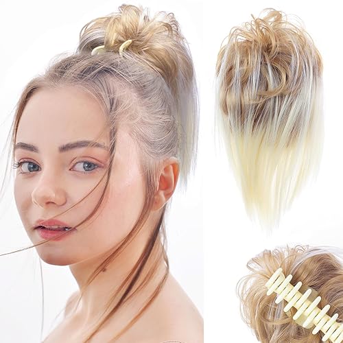 Miniatura 1 de Extensiones de cabello con clip de garra, extensiones de cabello corto y lacio, moño despeinado, recogido y desordenado para mujeres y niñas