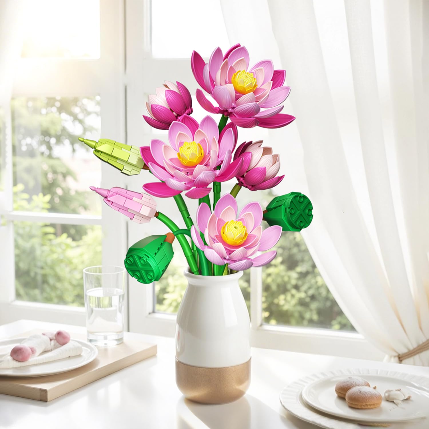 Set Botánical de Flores de Loto con Jarrón, Compatible con la Colección Botánical de Flores de Lego, Ramo de Flores Artificiales Rosas con Jarrón para Interiores y Exteriores, 710 Piezas