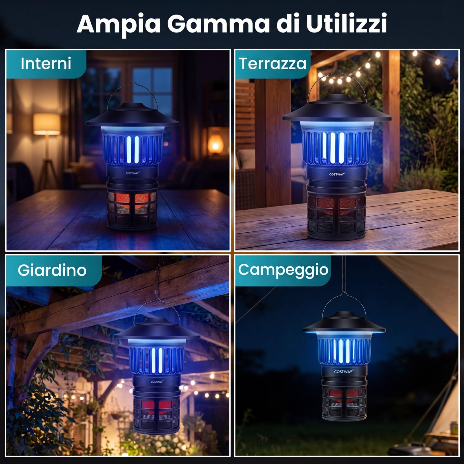 COSTWAY Lampada Antizanzare Elettrica, 2 in 1 Lampada Zanzare Esterno Impermeabile con Luci Regolabili, Batteria Ricaricabile e Maniglia, Trappola per Zanzare per Campeggio e Picnic