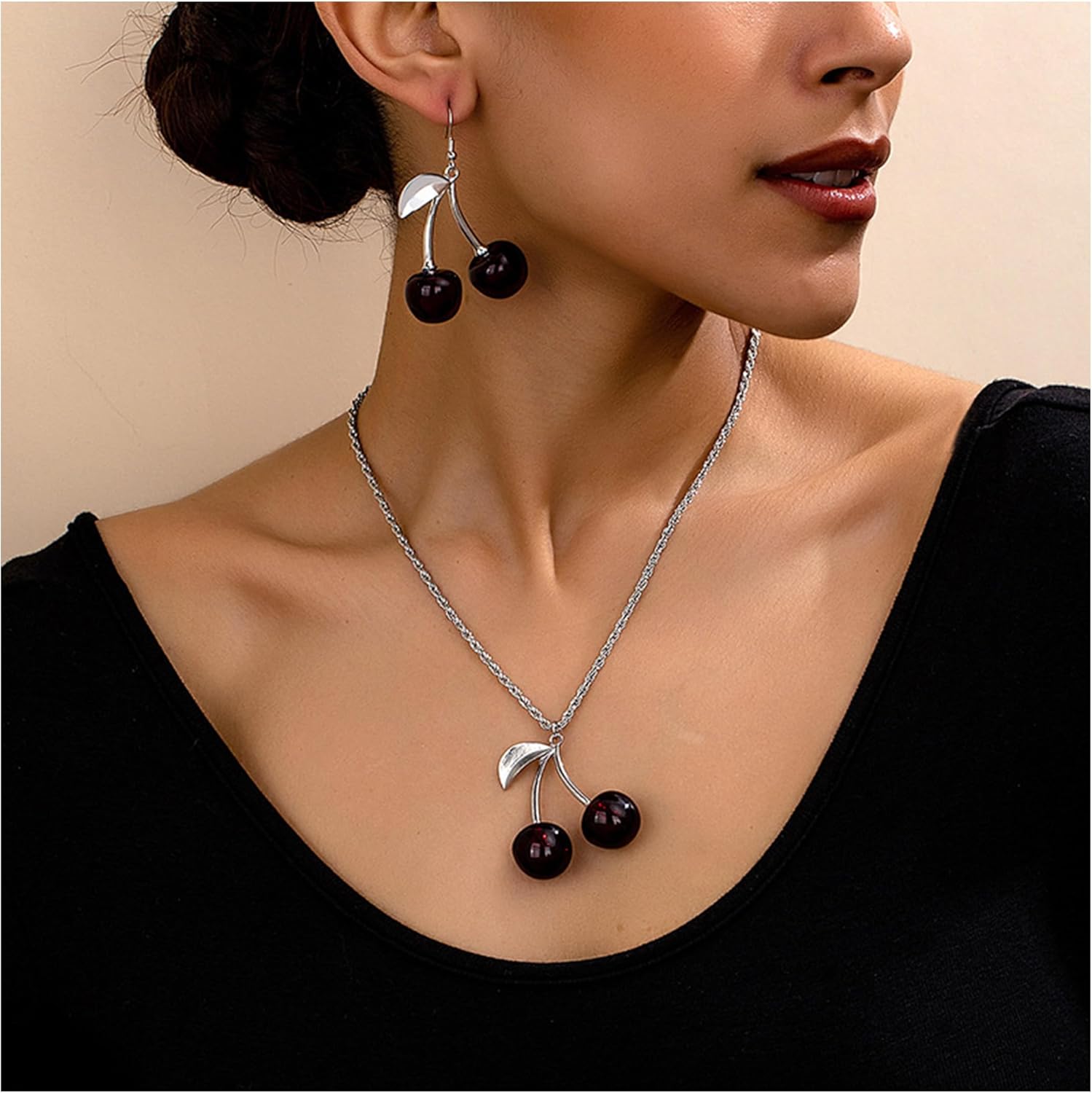 Red Cherry Earrings Necklace Set for Women Funny 3D Charm Cherry Pendant Necklaces Fruit Drop Dangle Earrings Cute Fruit Jewelry - Image 2