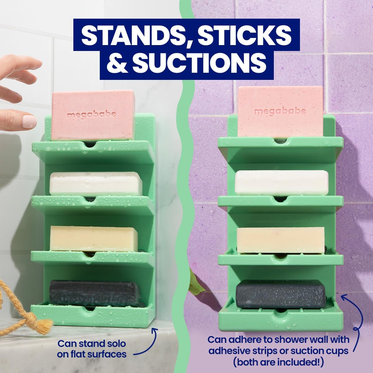 Megababe 4-Tier Bar Soap Tower | Holds 4 Bars | Suctions or Sticks | Self-Draining - Image 3