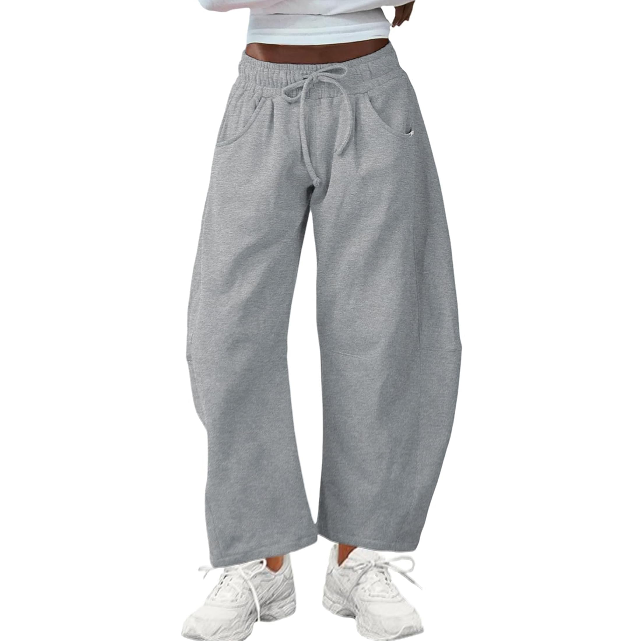 Omoone Pantalon de survêtement en coton pour femme, coupe ample, taille élastique, jambes larges avec poches