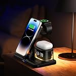 Wireless Charger, 3 in 1 Foldable Charging Station with Digital Clock and Night Lights for iPhone 17/16/15/14/13 Pro Max AirPods & Apple Watch, Compatible with Multiple Devices (Black)