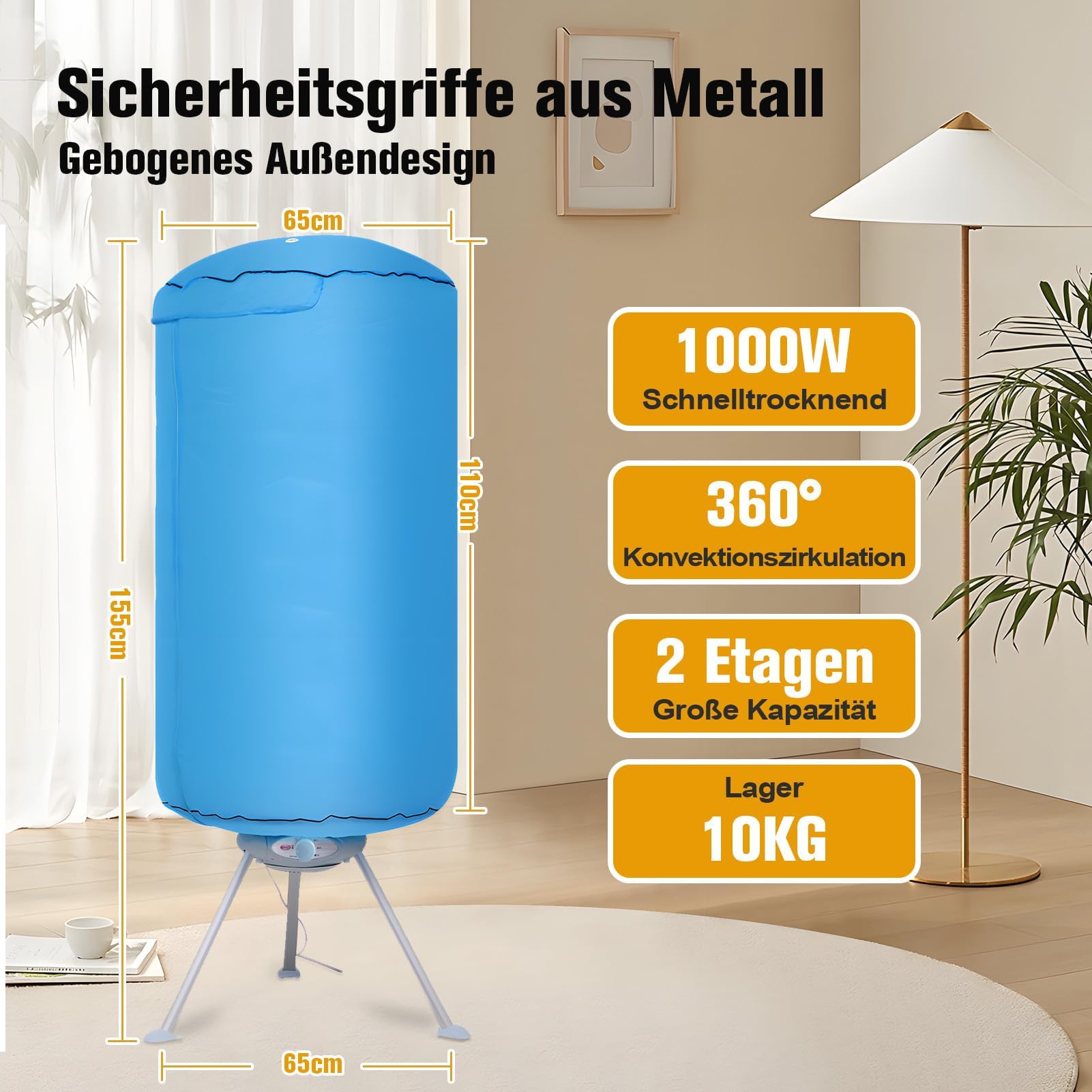 ColdShine Elektrischer Wäschetrockner Tumble Dryer 2-stufiger Faltbarer elektrischer Wäscheständer aus Edelstahl Trockner mit Time 10 kg Kleidung Automatische Abschaltung