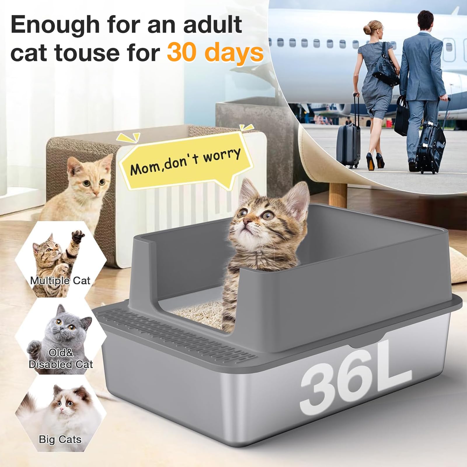 Lettiera Gatti Acciaio Inox XXL - 60x40x38 Cm Antiodore E Impermeabile Con Paletta - Foto 11