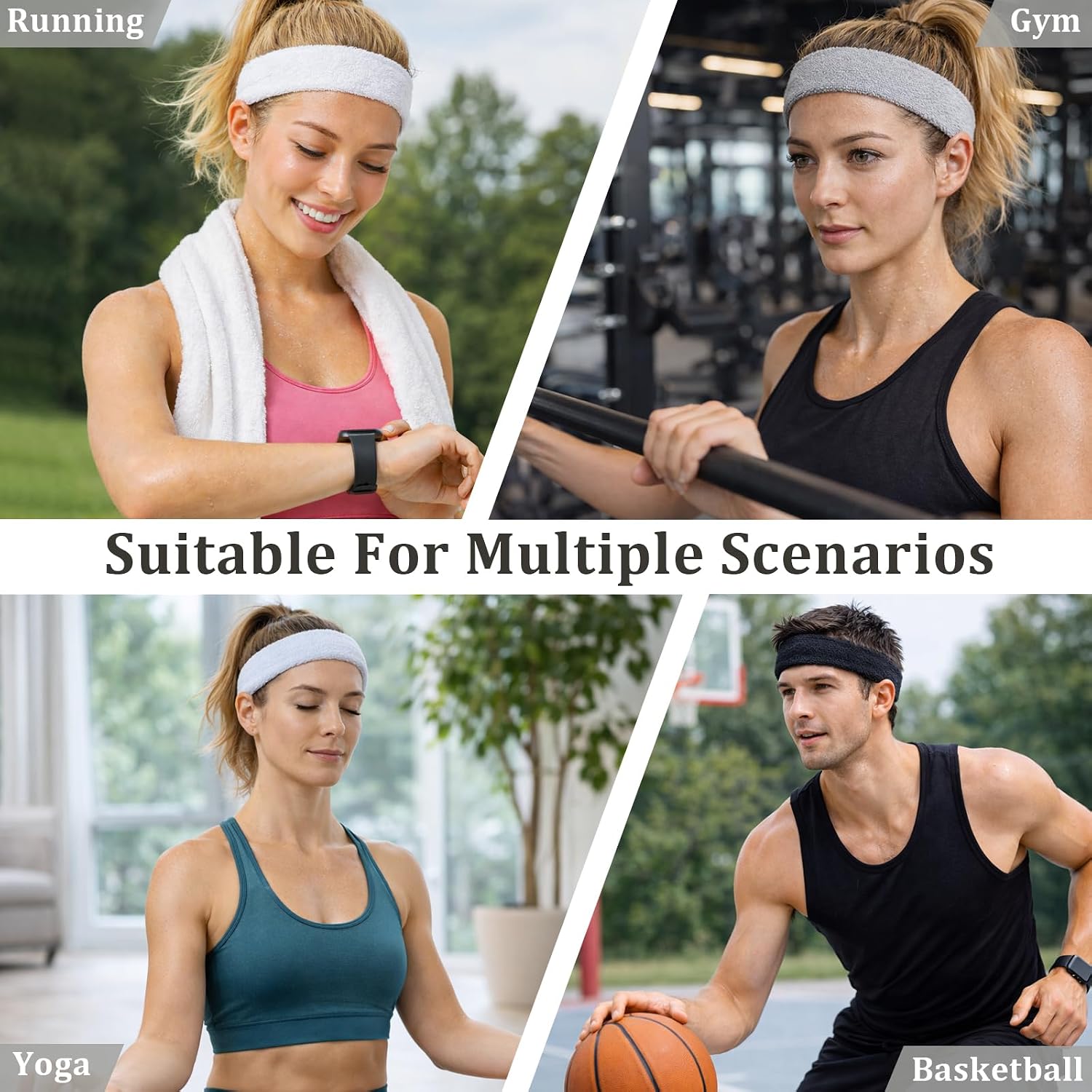 Sports Sweatbands Headband for Men & Women – Moisture-Wicking Cotton Athletic Headband for Running, Gym, Tennis & Basketball (3-Pack，black+white+grey)