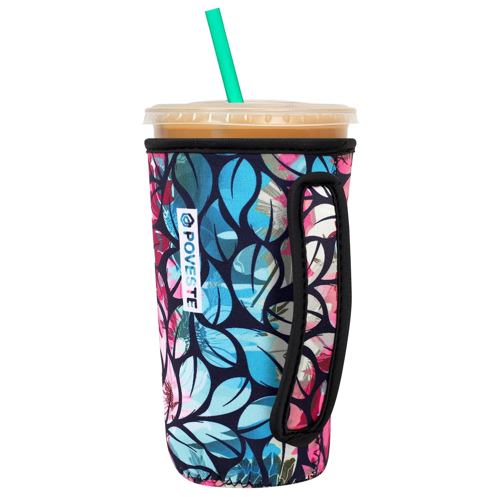 Reusable Neoprene Insulator Sleeve for Iced Coffee &amp; Cold Soda, Coffee Sleeves for Iced &amp; Hot Drinks, Cold Beverage Cooler Compatible with Starbucks, Dunkin (Blue&amp;Pink Leave, Large: 32oz)