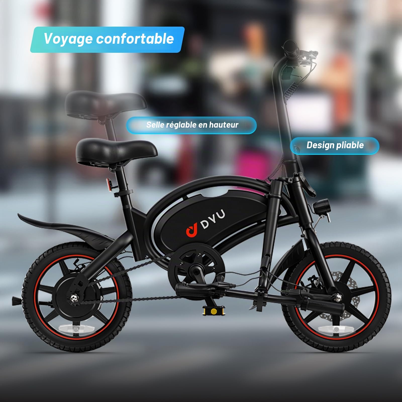 DYU D3S Vélo électrique Pliant 14" - Vitesse maximale de 25 km/h, portée de 40 km, Freins à Disque - Pliable - pour Adolescents et Adultes - Noir