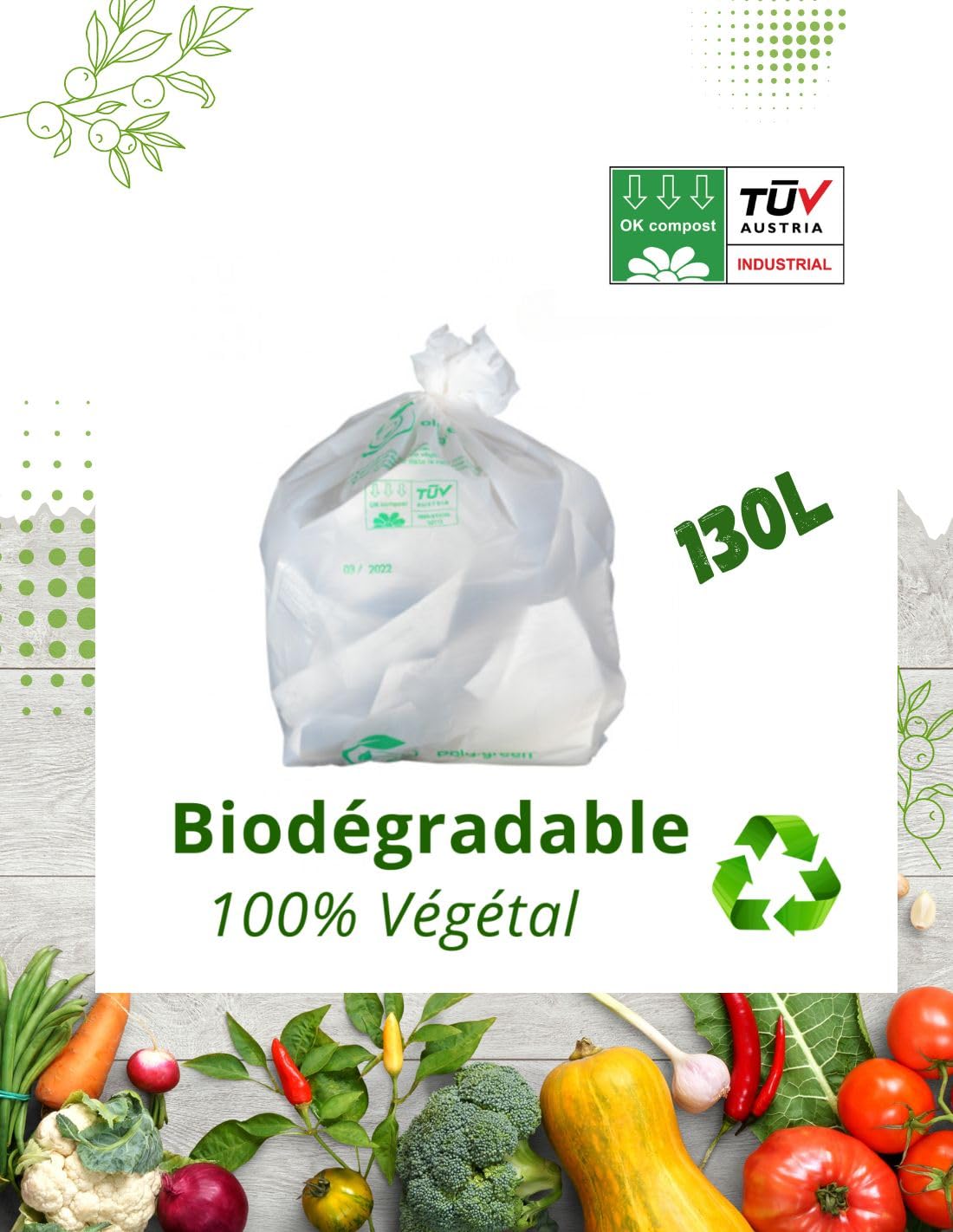 Bolsa de basura blanca biodegradable y compostable | Lote de 50 bolsas ecológicas responsables | Fabricación de materiales vegetales: almidón de maíz | resistente – impermeable | OK Compost EN12432