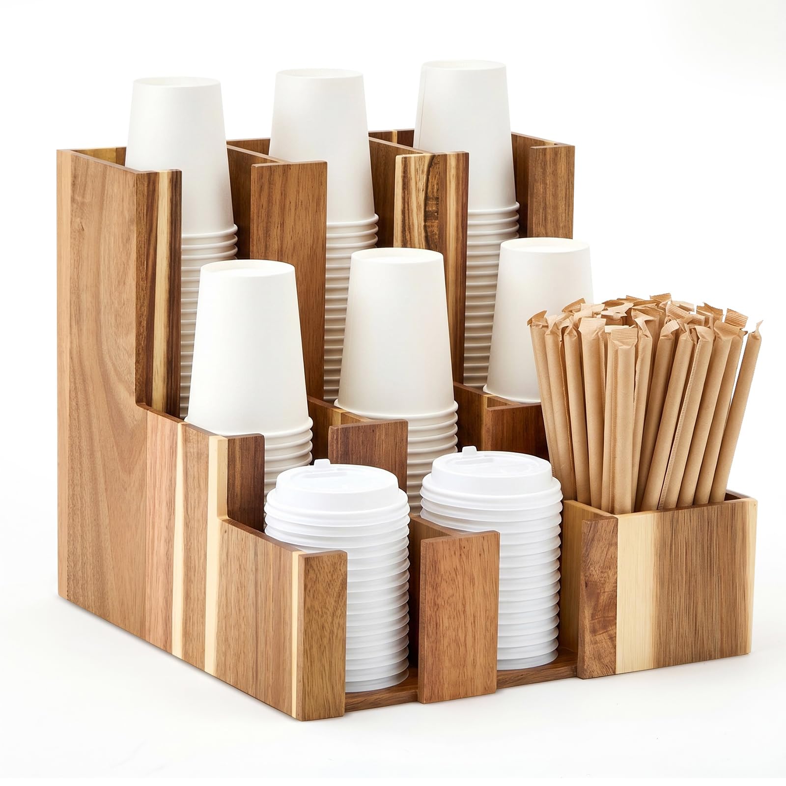 CroBlissful 9 Compartment Acacia Wood Vertical Coffee Cup and Lid Dispenser