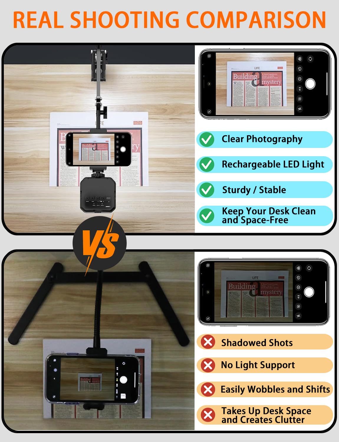 Soporte para teléfono celular, brazo articulado con luz LED, soporte flexible para teléfono celular para transmisión en vivo, grabación de video, dibujo, cocina