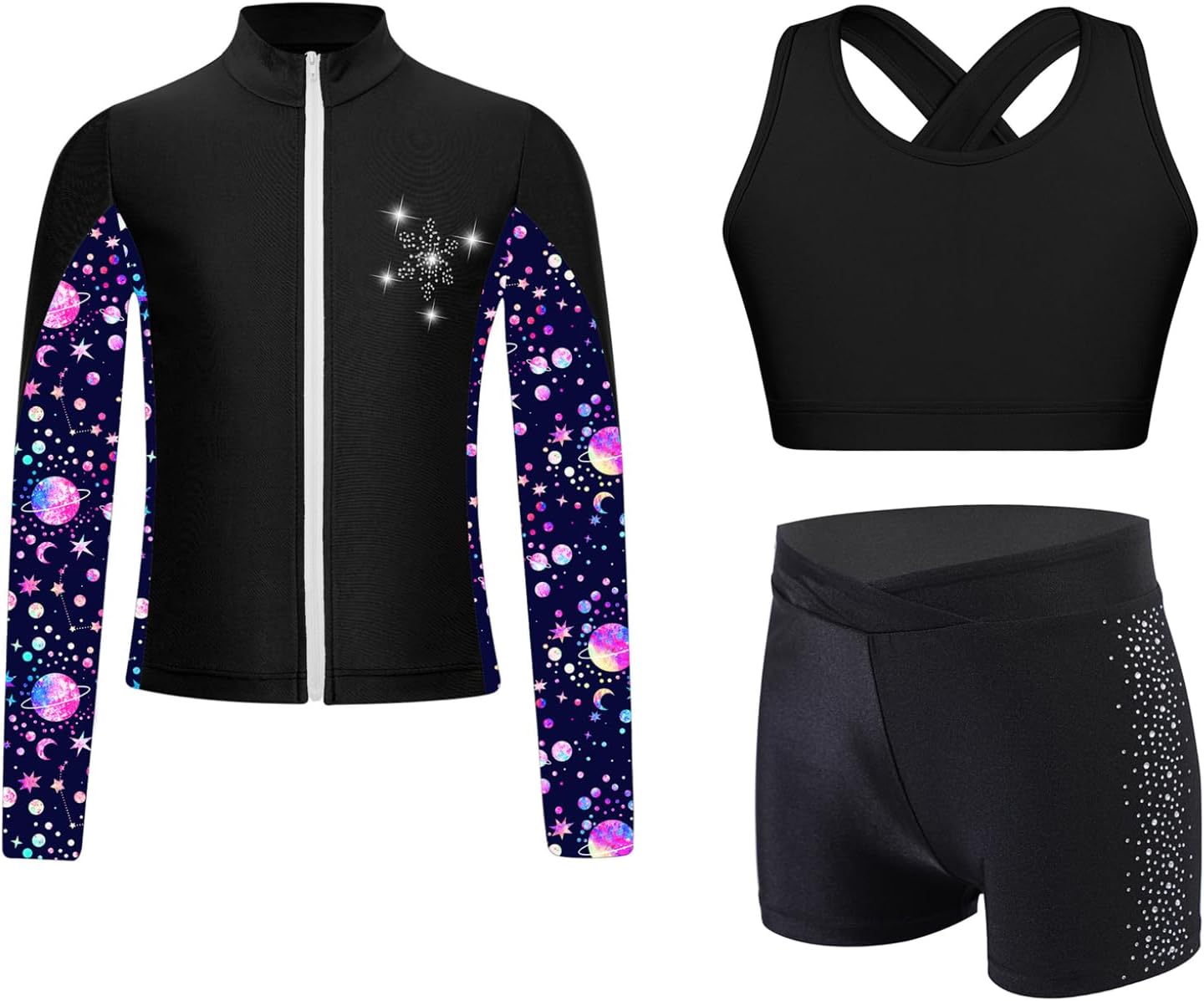 Hansber Kids Girls Figure Skating Outfit Tracksuit Sleeveless Dance Crop Top and Boyshorts with Jacket Suit for Gymnastics